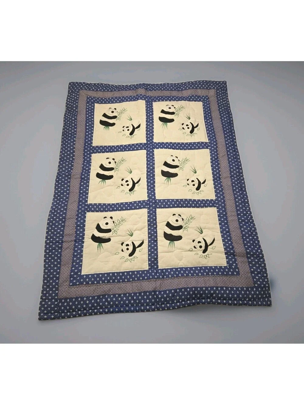 Cute Panda Bear Handmade Baby Quilt Blue Geometric Border Nursery Crib Blanket